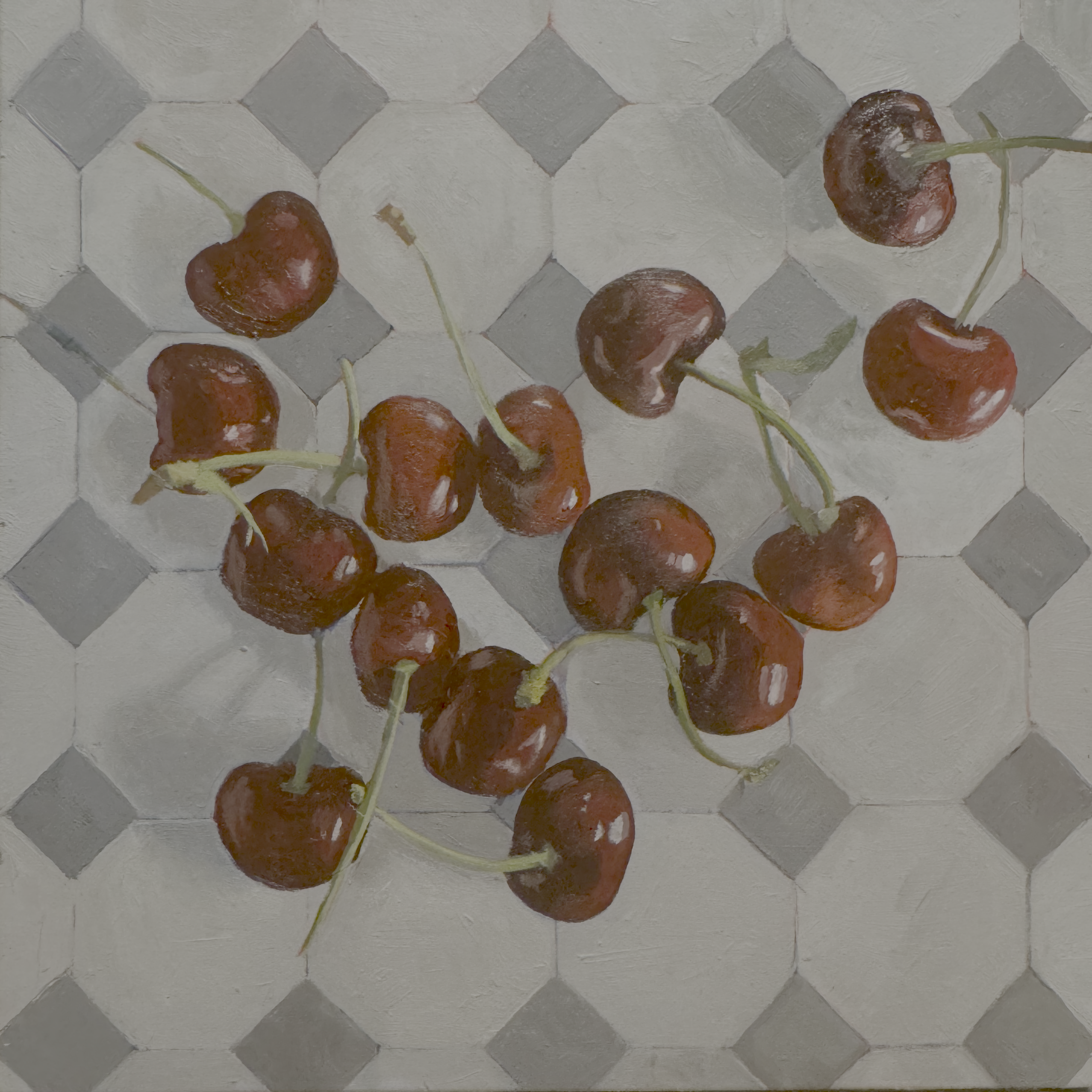 cherries with tile pattern, Leigh Ann Torres original acrylic painting.
