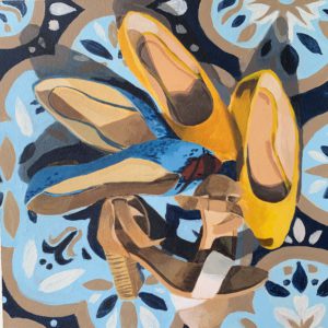 shoes on rug, the shoes I'm not wearing in quarantine, original acrylic painting, original art for sale, Leigh ann Torres, Austin artist