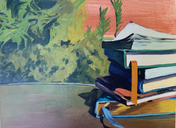 Stack of Books in the Sun, books, acrylic painting, original art for sale, Leigh Ann Torres, Austin artist