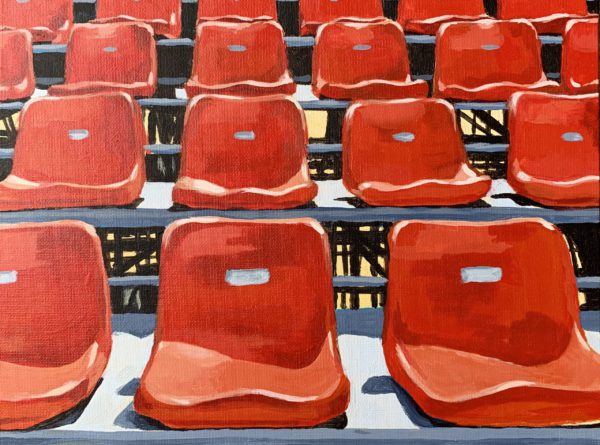 empty stadium seats, acrylic painting, original artwork for sale, Austin artist, red seats, Leigh Ann Torres