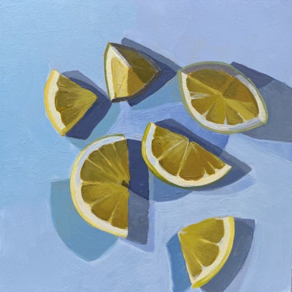 lemon slices on blue, Leigh Ann Torres, lemon acrylic painting